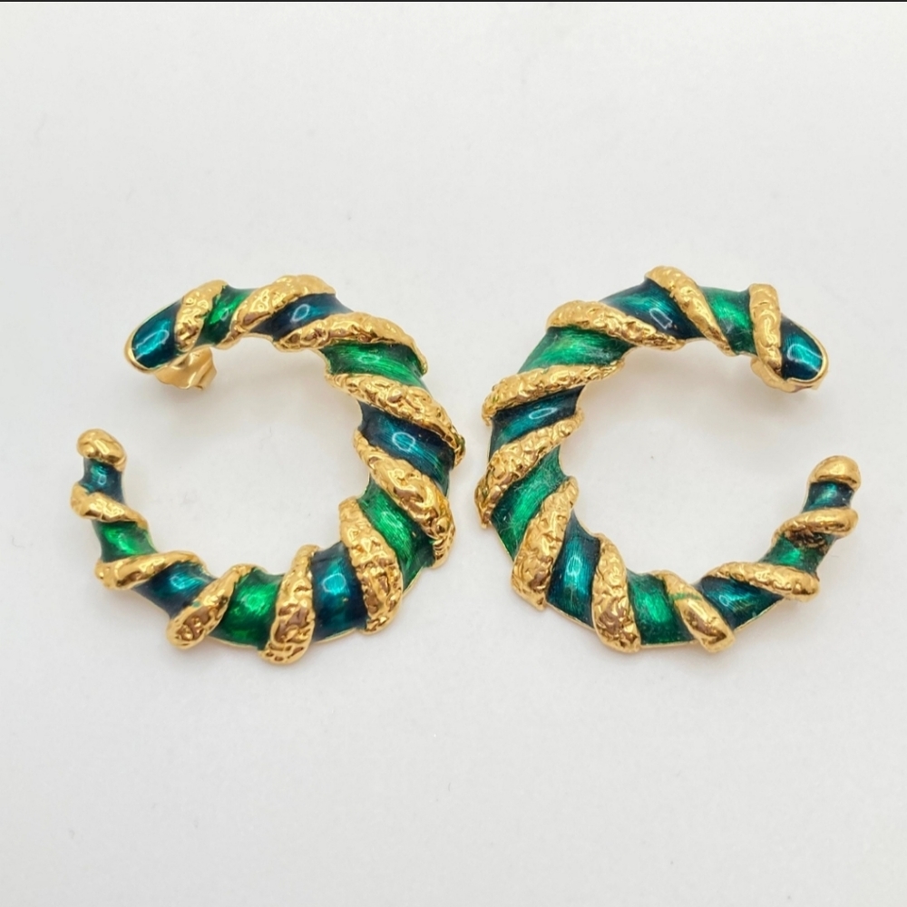 Avon Vintage Green Gold Enamel Hoops Pierced